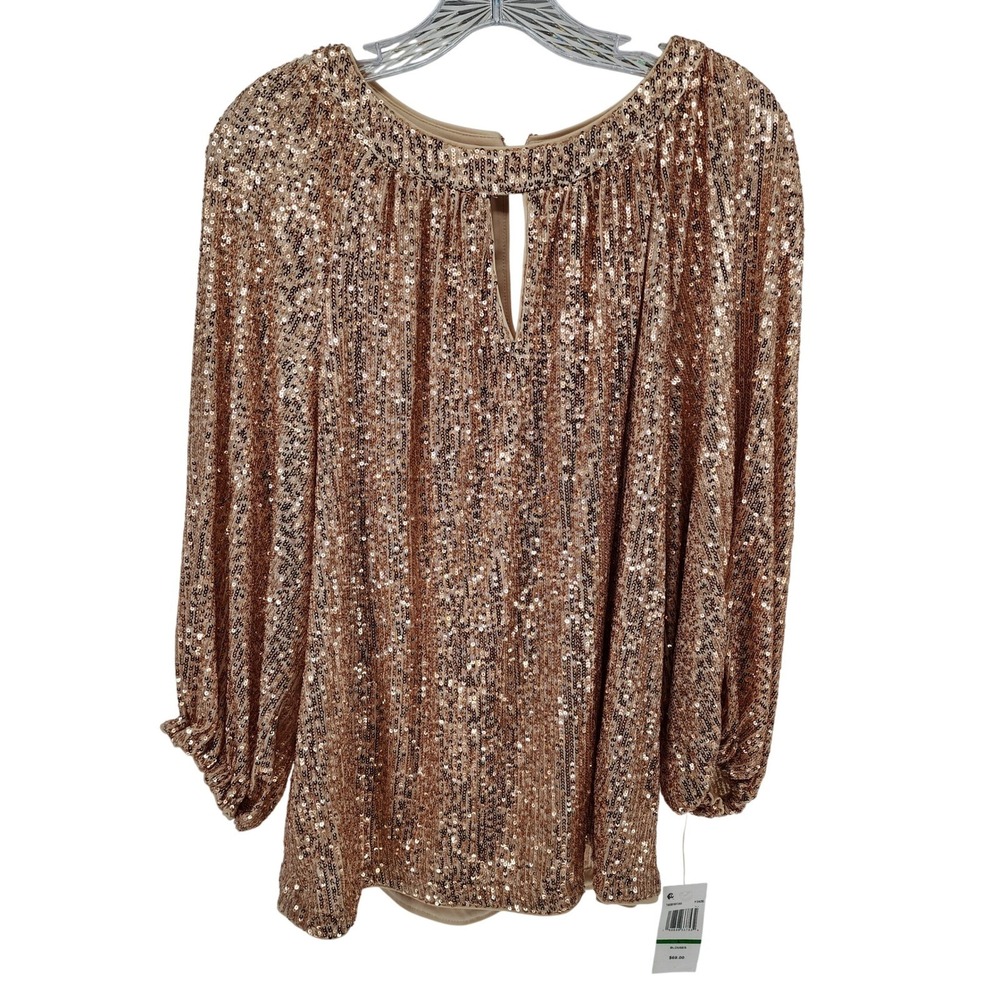Sam and Jess Rose Gold Sequin Blouse Long Sleeve Keyhole Back XS NEW $69